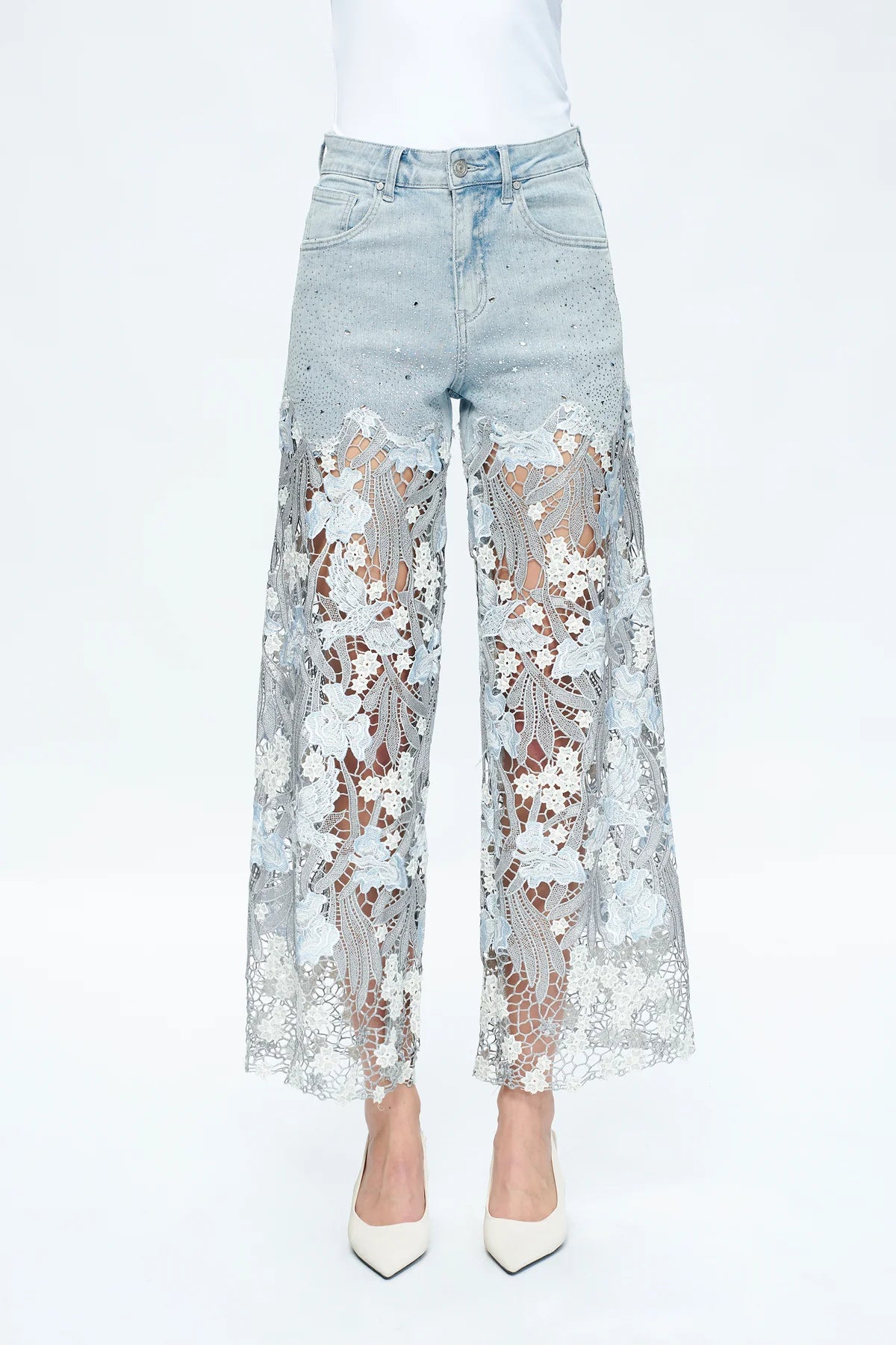 Embroidery High Rise Wide Leg Lace Denim Jeans With Rhinestone9999