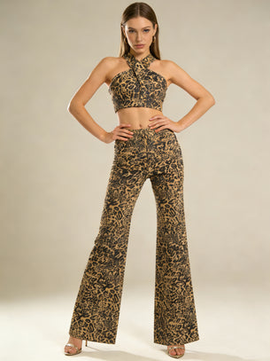 ZF2548 Leopard Print Strapless Top and Pants Set