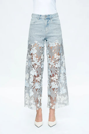 Embroidery High Rise Wide Leg Lace Denim Jeans With Rhinestone