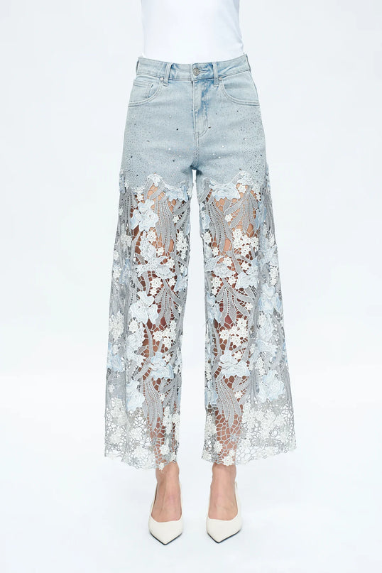 Embroidery High Rise Wide Leg Lace Denim Jeans With Rhinestone