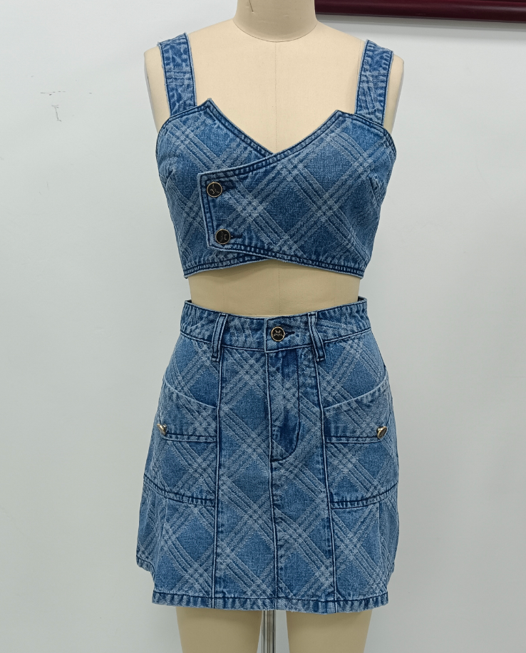 Jacquard mini skirt and strapless crop top set