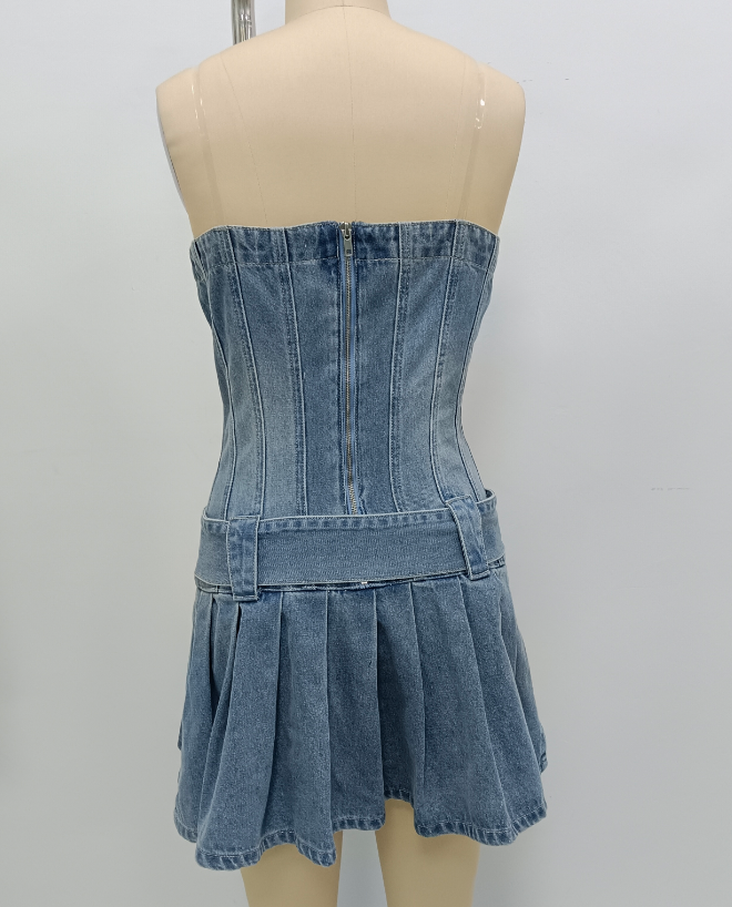 Strapless jumpsuit with pleated skirt