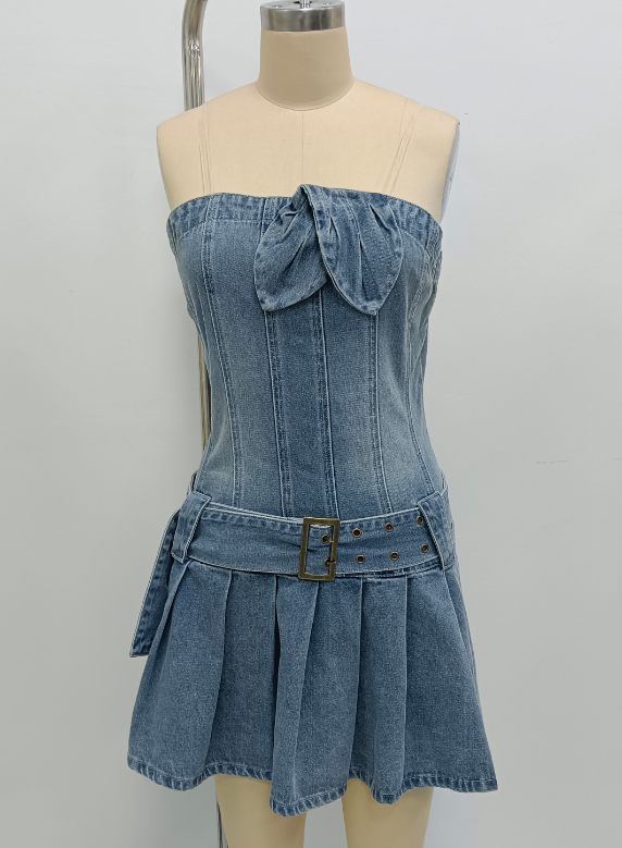 Strapless jumpsuit with pleated skirt