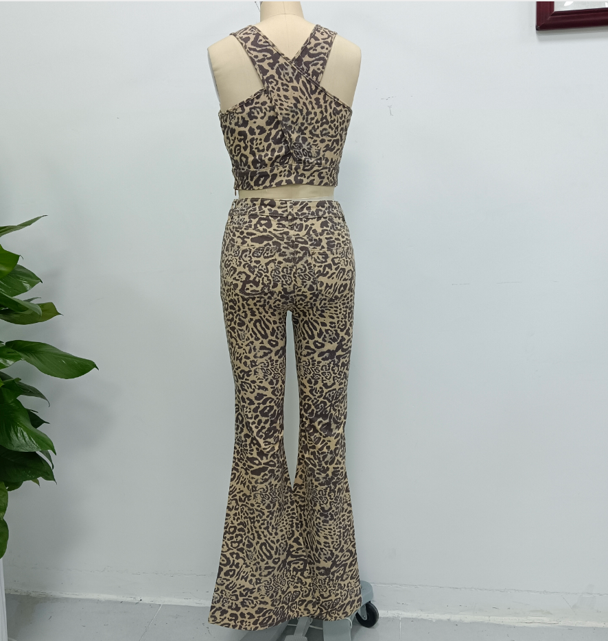 ZF2548 Leopard Print Strapless Top and Pants Set