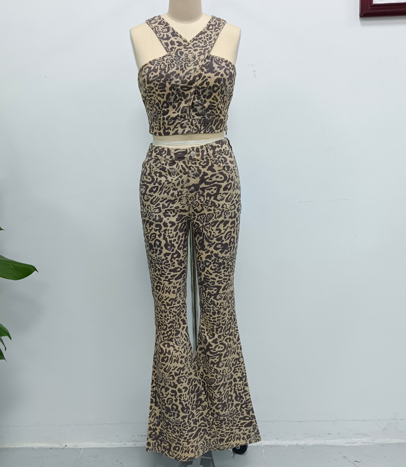 ZF2548 Leopard Print Strapless Top and Pants Set